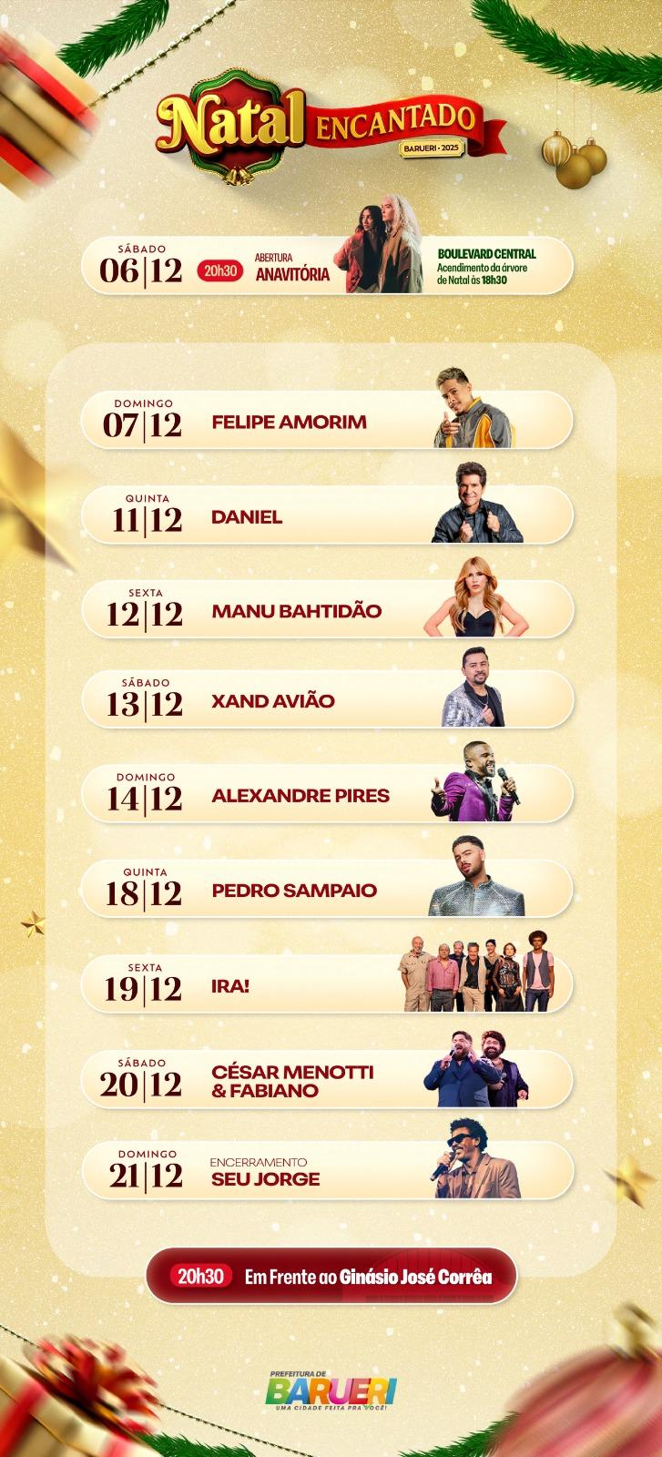 Barueri inaugura o Natal Encantado 2025 no dia 6 de dezembro (sábado) com iluminação da Árvore de Natal e show com Anavitória